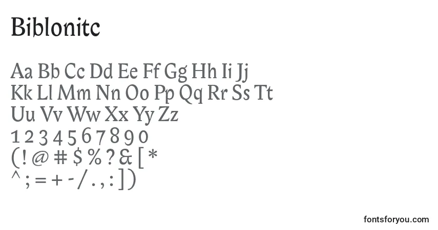 Czcionka Biblonitc – alfabet, cyfry, specjalne znaki