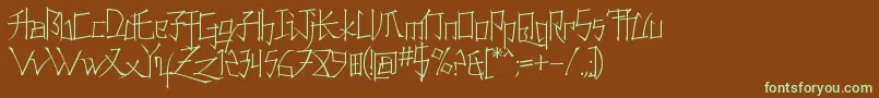 フォントKonfuciuzThin – 緑色の文字が茶色の背景にあります。