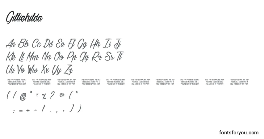 A fonte Gilliehilda – alfabeto, números, caracteres especiais