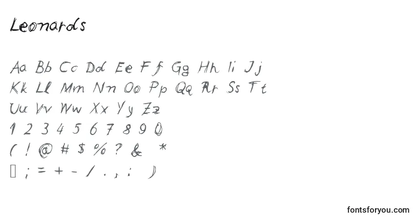 Czcionka Leonards – alfabet, cyfry, specjalne znaki