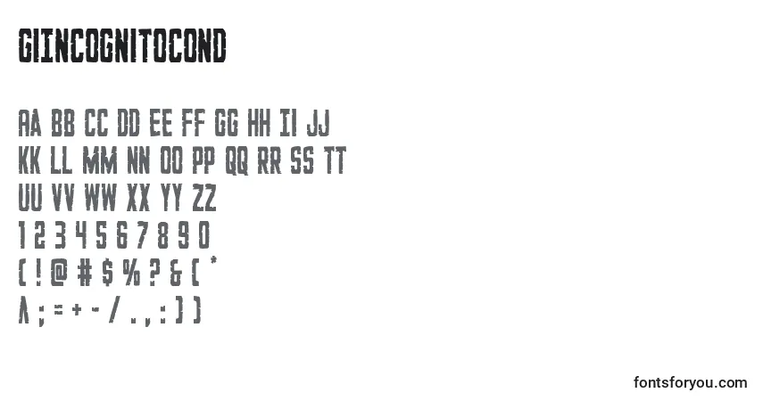 Czcionka GiIncognitocond – alfabet, cyfry, specjalne znaki