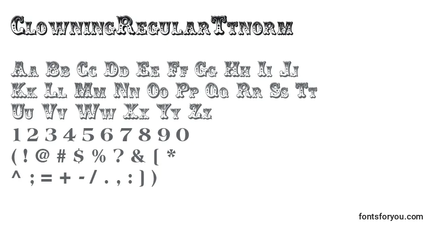 A fonte ClowningRegularTtnorm – alfabeto, números, caracteres especiais