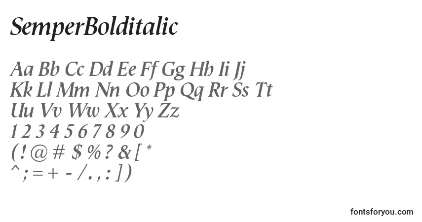 A fonte SemperBolditalic – alfabeto, números, caracteres especiais