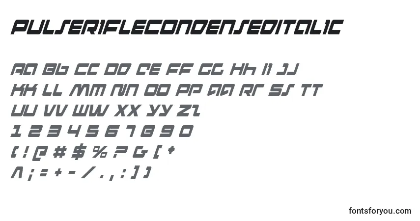 A fonte PulseRifleCondensedItalic – alfabeto, números, caracteres especiais