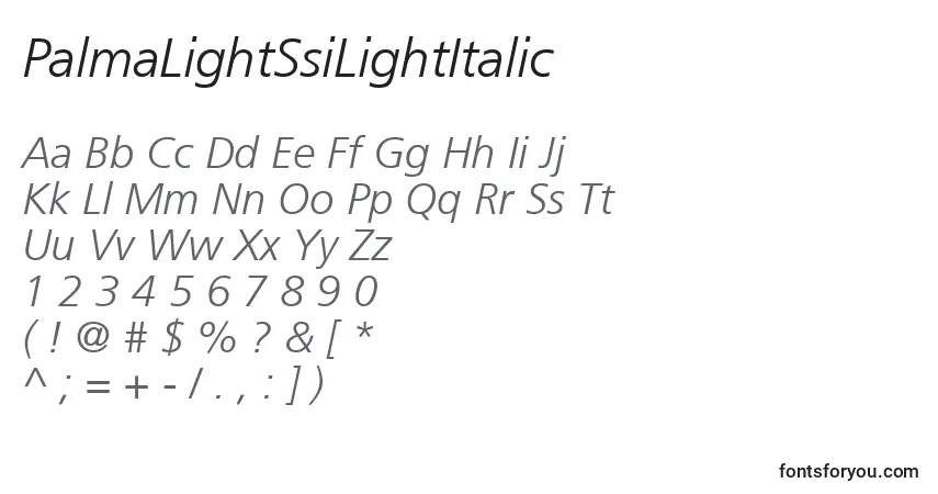 Czcionka PalmaLightSsiLightItalic – alfabet, cyfry, specjalne znaki