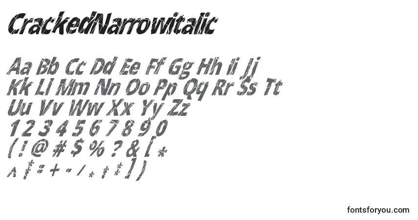 Czcionka CrackedNarrowitalic – alfabet, cyfry, specjalne znaki