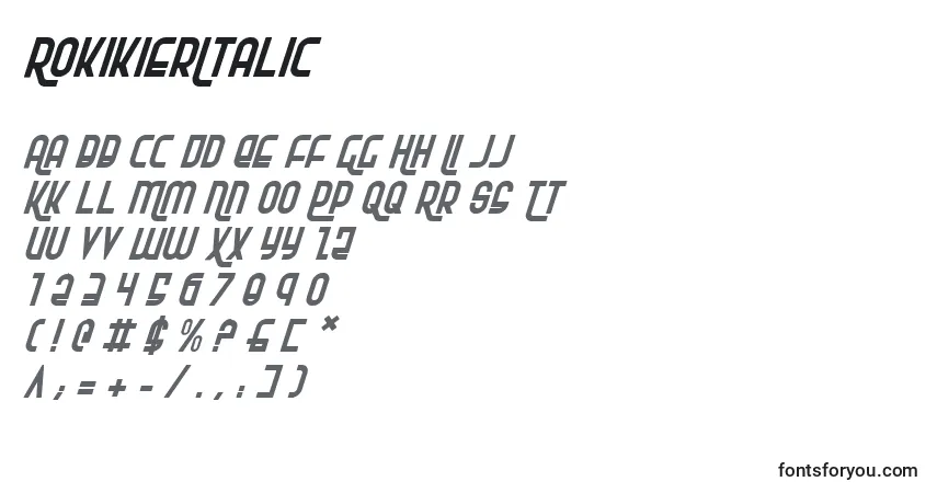 RokikierItalicフォント–アルファベット、数字、特殊文字