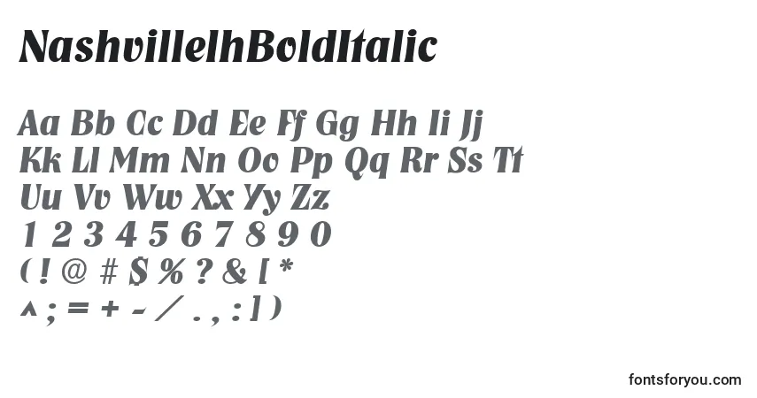 A fonte NashvillelhBoldItalic – alfabeto, números, caracteres especiais