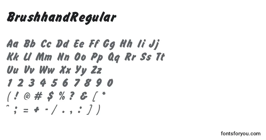 Czcionka BrushhandRegular – alfabet, cyfry, specjalne znaki