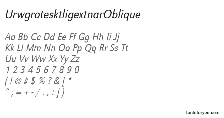 Czcionka UrwgrotesktligextnarOblique – alfabet, cyfry, specjalne znaki