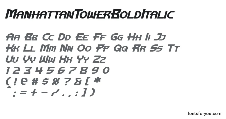 A fonte ManhattanTowerBoldItalic – alfabeto, números, caracteres especiais
