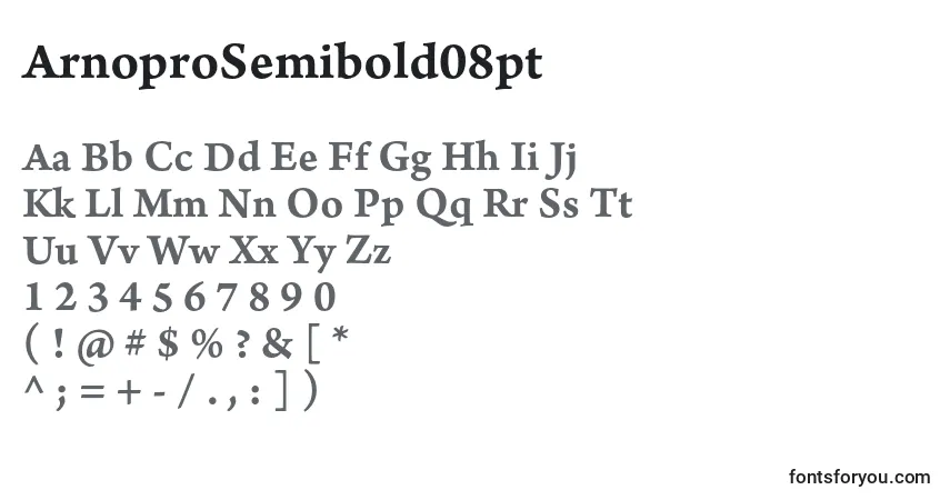 A fonte ArnoproSemibold08pt – alfabeto, números, caracteres especiais