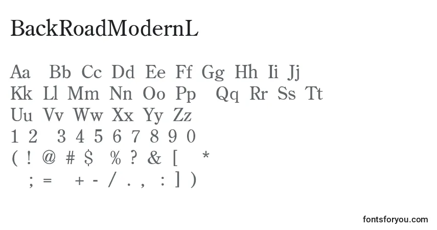 Czcionka BackRoadModernLight – alfabet, cyfry, specjalne znaki