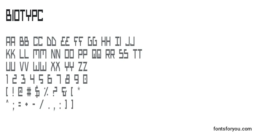 Schriftart Biotypc – Alphabet, Zahlen, spezielle Symbole