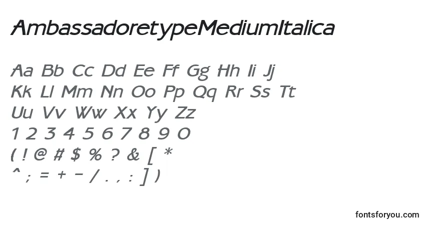 Czcionka AmbassadoretypeMediumItalica – alfabet, cyfry, specjalne znaki