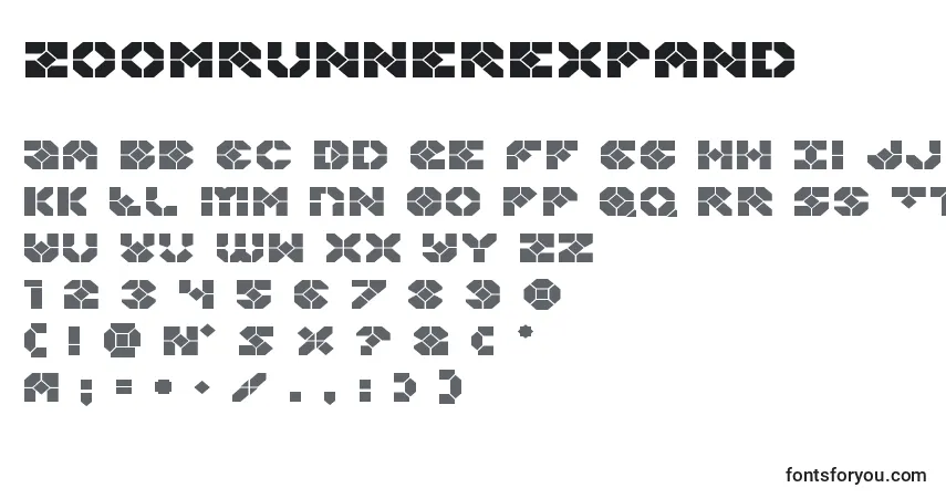 Schriftart Zoomrunnerexpand – Alphabet, Zahlen, spezielle Symbole