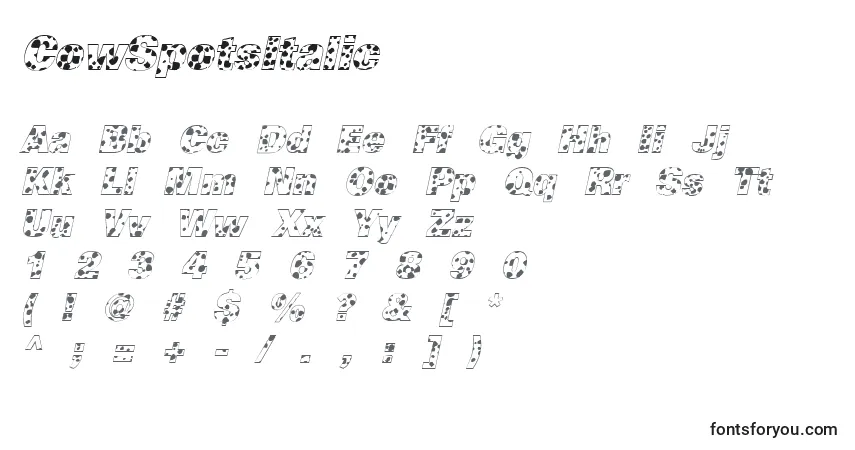 Schriftart CowSpotsItalic – Alphabet, Zahlen, spezielle Symbole