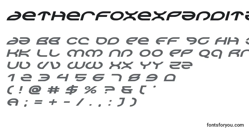 Schriftart Aetherfoxexpandital – Alphabet, Zahlen, spezielle Symbole