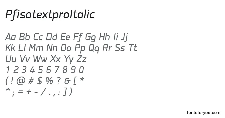 Czcionka PfisotextproItalic – alfabet, cyfry, specjalne znaki