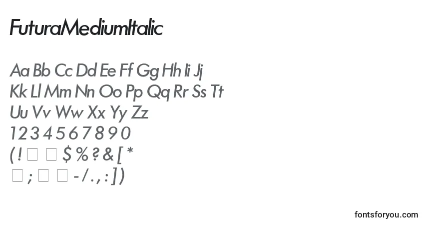 A fonte FuturaMediumItalic – alfabeto, números, caracteres especiais