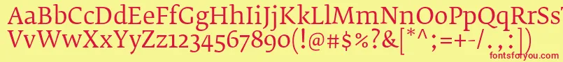 FedraserifbproBook-Schriftart – Rote Schriften auf gelbem Hintergrund