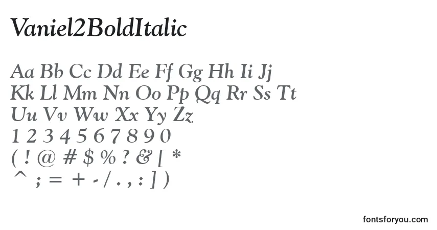 A fonte Vaniel2BoldItalic – alfabeto, números, caracteres especiais