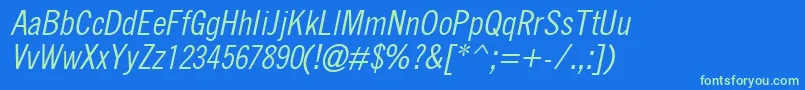 QuicktypeCondensedItalic-fontti – vihreät fontit sinisellä taustalla