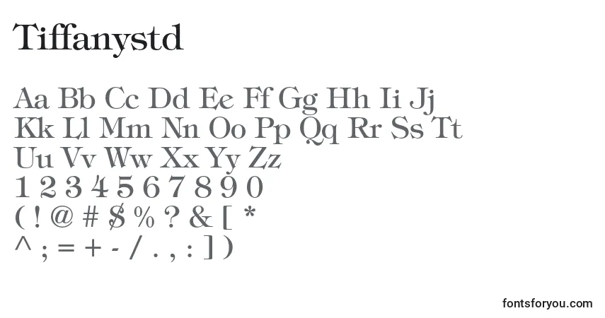 A fonte Tiffanystd – alfabeto, números, caracteres especiais