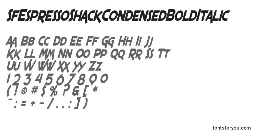 Czcionka SfEspressoShackCondensedBoldItalic – alfabet, cyfry, specjalne znaki