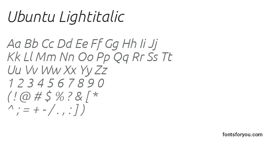 Шрифт Ubuntu Lightitalic – алфавит, цифры, специальные символы