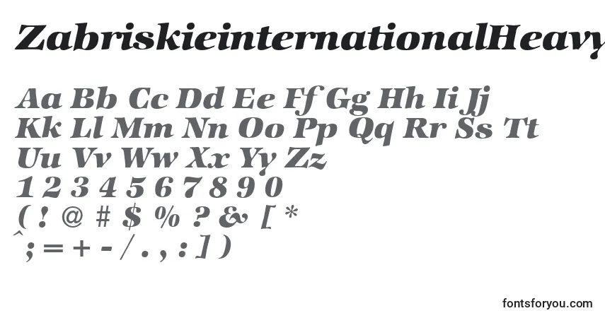 A fonte ZabriskieinternationalHeavyItalic – alfabeto, números, caracteres especiais