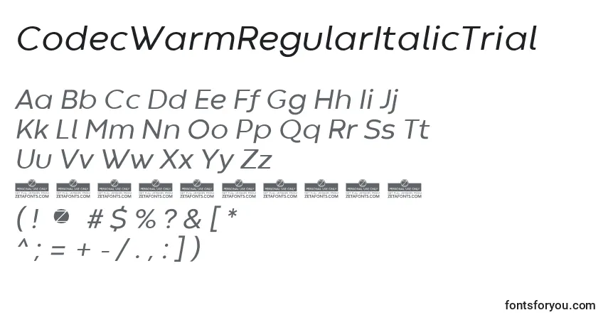 A fonte CodecWarmRegularItalicTrial – alfabeto, números, caracteres especiais