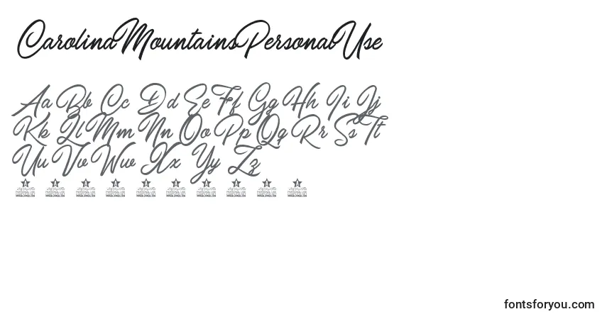 A fonte CarolinaMountainsPersonalUse – alfabeto, números, caracteres especiais
