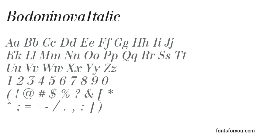 Schriftart BodoninovaItalic – Alphabet, Zahlen, spezielle Symbole