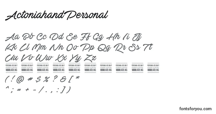 A fonte ActoniahandPersonal – alfabeto, números, caracteres especiais