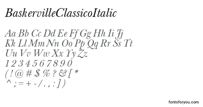 Czcionka BaskervilleClassicoItalic – alfabet, cyfry, specjalne znaki