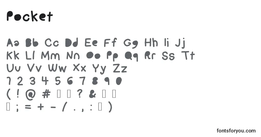 Schriftart Pocket – Alphabet, Zahlen, spezielle Symbole