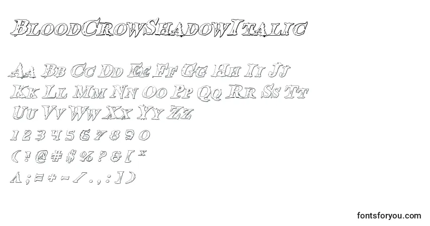 Czcionka BloodCrowShadowItalic – alfabet, cyfry, specjalne znaki