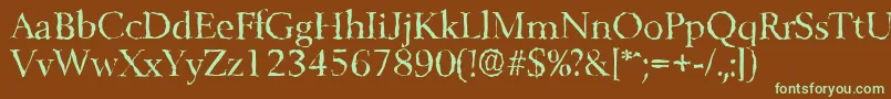 フォントBelfastrandomRegular – 緑色の文字が茶色の背景にあります。