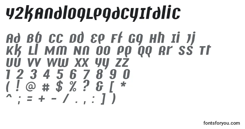 Czcionka Y2kAnalogLegacyItalic – alfabet, cyfry, specjalne znaki