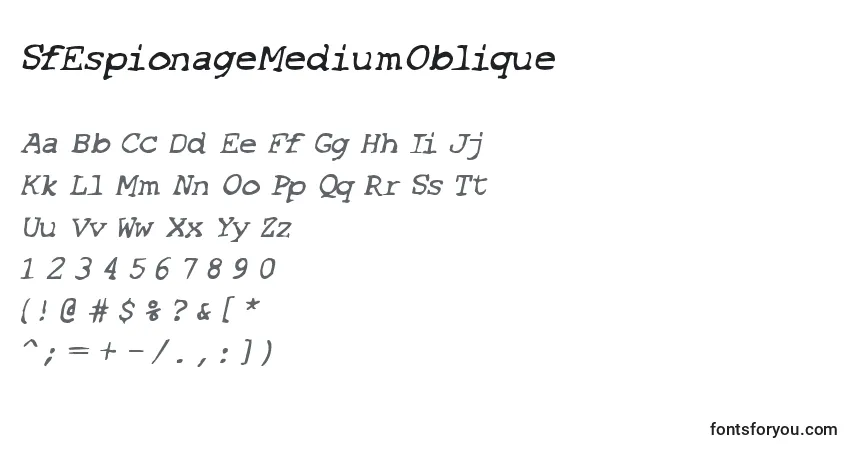 A fonte SfEspionageMediumOblique – alfabeto, números, caracteres especiais