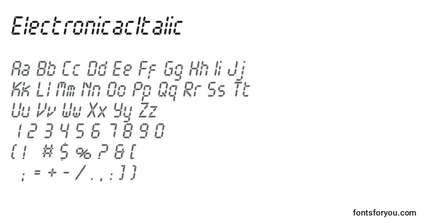 A fonte ElectronicacItalic – alfabeto, números, caracteres especiais