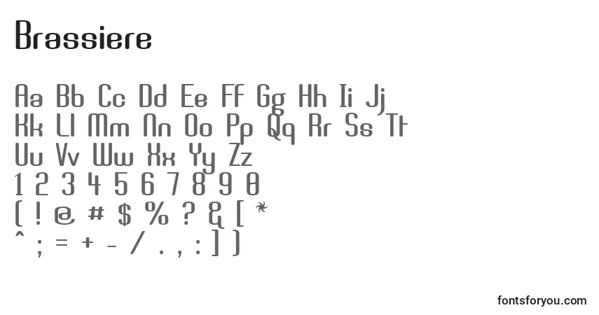 Czcionka Brassiere – alfabet, cyfry, specjalne znaki