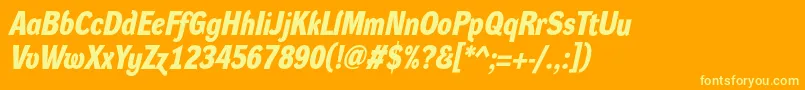 Saiba mais sobre a fonte DynagroteskdmBolditalic Fonte DynagroteskdmBolditalic – fontes amarelas em um fundo laranja