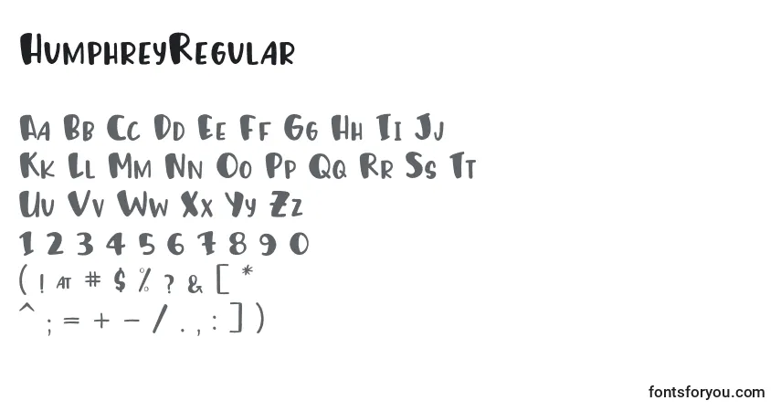 A fonte HumphreyRegular – alfabeto, números, caracteres especiais