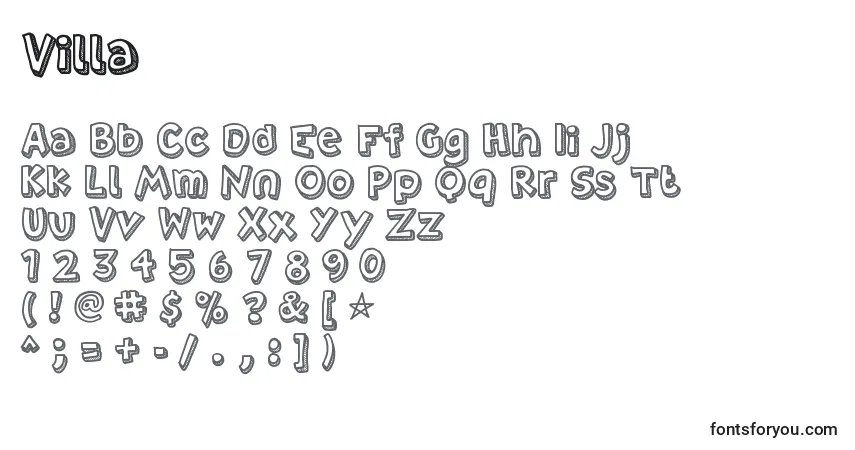 Czcionka Villa – alfabet, cyfry, specjalne znaki