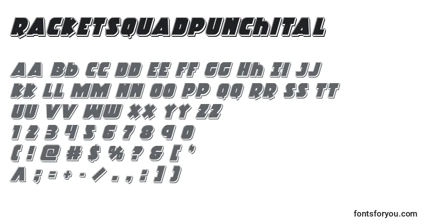 Czcionka Racketsquadpunchital – alfabet, cyfry, specjalne znaki