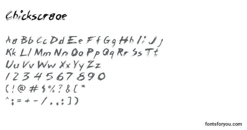 Czcionka Chickscraoe – alfabet, cyfry, specjalne znaki