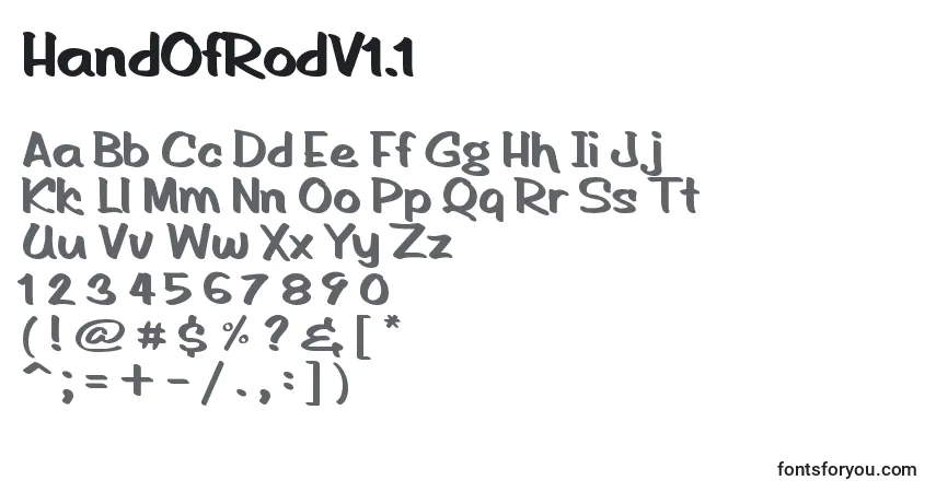 Czcionka HandOfRodV1.1 – alfabet, cyfry, specjalne znaki