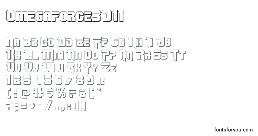 Czcionka Omegaforce3D11 – alfabet, cyfry, specjalne znaki